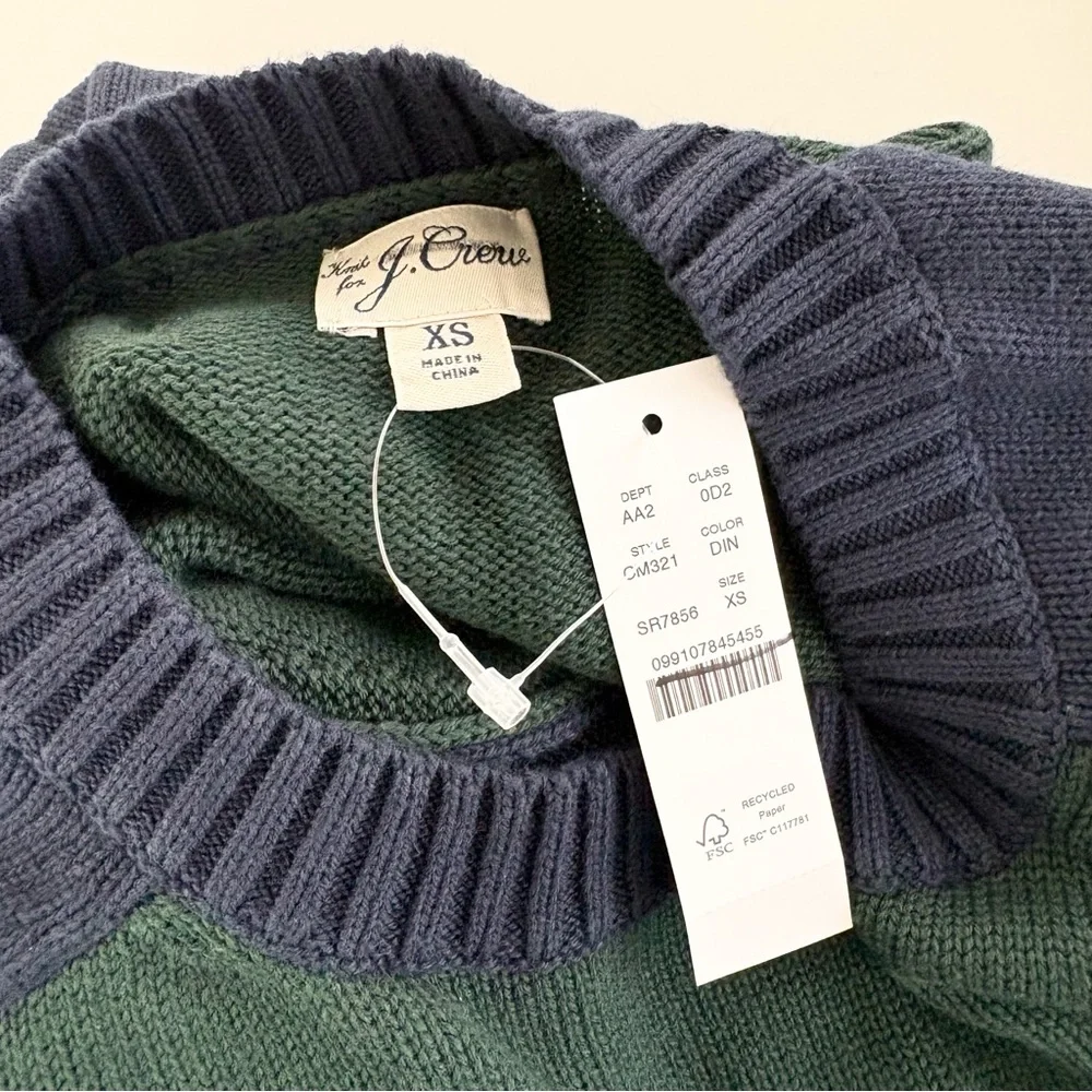 NWT J. Crew Heritage Cotton Sweater Colorblock Green Navy Blue